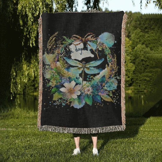 One day at a time dragonfly floral Woven Blankets