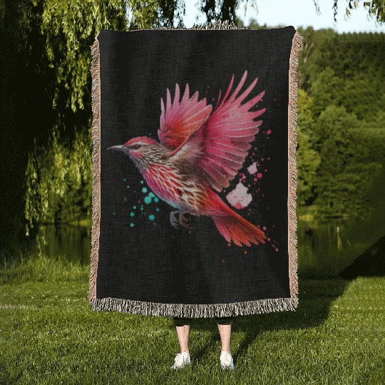 Red Wattle Bird in Flight Woven Blankets