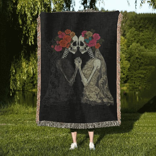Lesbian Couple Skeletons Kissing LGBTQ Pride Woven Blankets