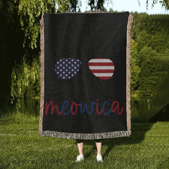 Meowica 4th of July Cat Lover American Flag Woven Blankets