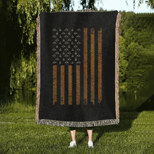 Cool Bee Keeper Art US Flag Honey Beekeeping Woven Blankets