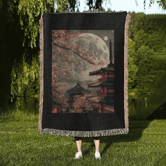 Full Moon in Tokyo Japan Sakura Woven Blankets