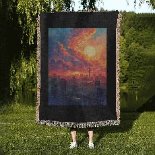 Beautiful Sunset in Tokyo City Japan Woven Blankets