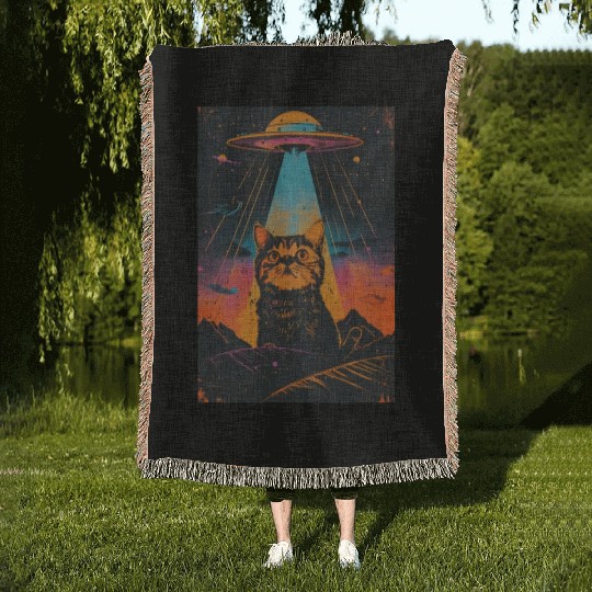 Catzilla Vintage Funny Cute Cat Art Alien and Cat Woven Blankets
