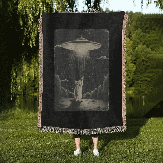 Cat Ufo Meme Funny Surprised Scared Cat Selfie Woven Blankets