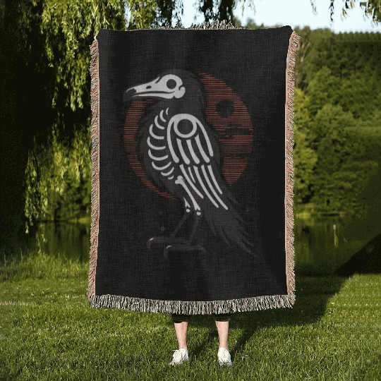 The Bone Raven japanese mystical bird Woven Blankets