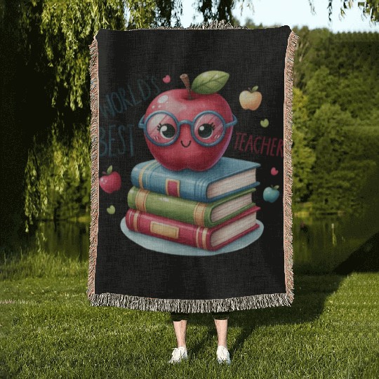 Worlds Best Teacher Apple And Books For Teacher Woven Blankets