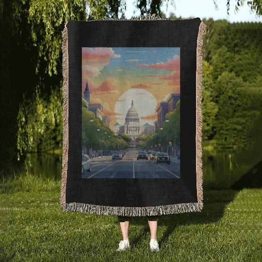 Sunset in US Capitol Washington DC Woven Blankets