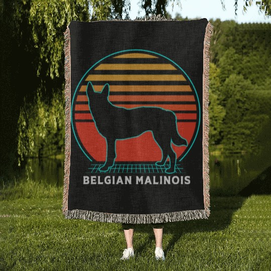 Retro 80s Dog Silhouette Belgian Malinois Woven Blankets