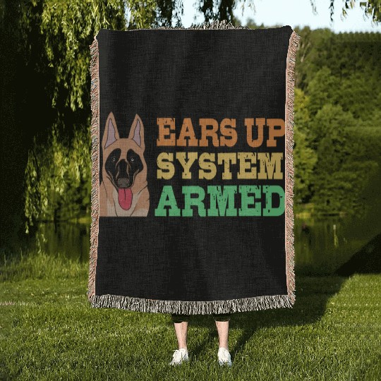 Retro Dog Ears Up System Armed Belgian Malinois Woven Blankets