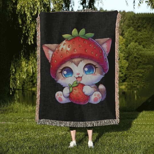 Cat with strawberry hat cute fruity quirky Woven Blankets