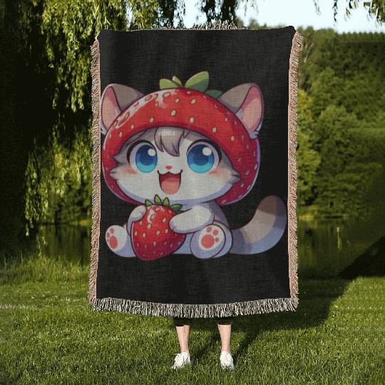 Cute Cat Strawberry Fruit Hat Quirky Woven Blankets