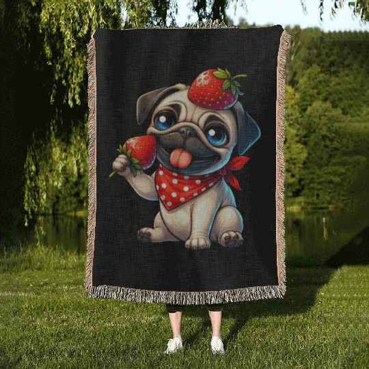 Quirky Dog Pug with Strawberry on Head Fruity Woven Blankets