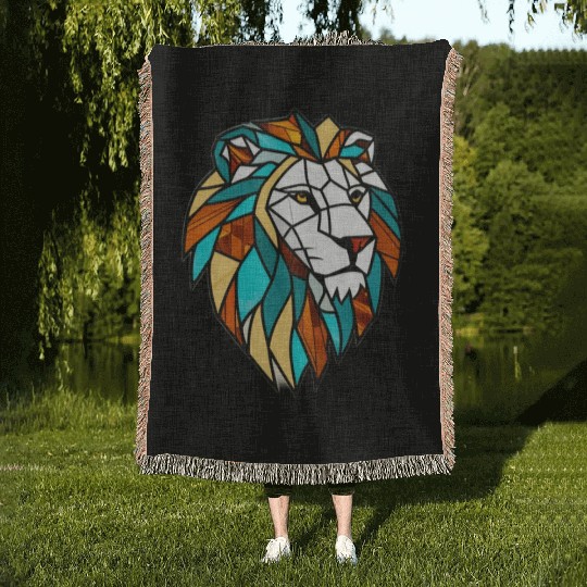 Geometric Lion Stained Glass Woven Blankets Disgin