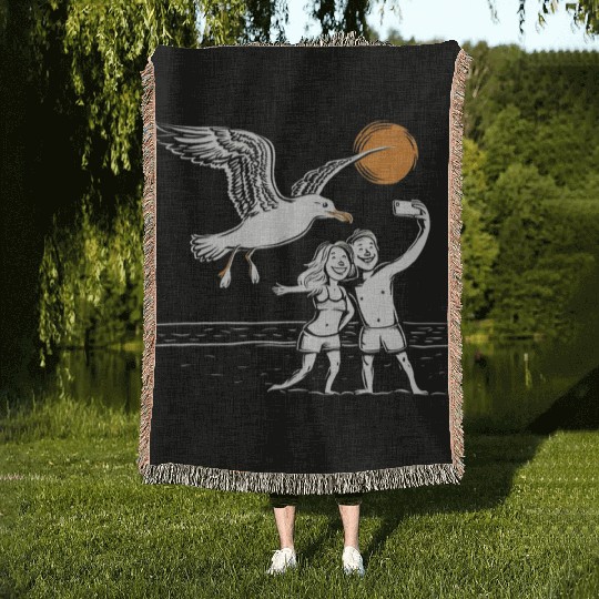 Seagull Surprise: The Ultimate Beach Photobomb Woven Blankets