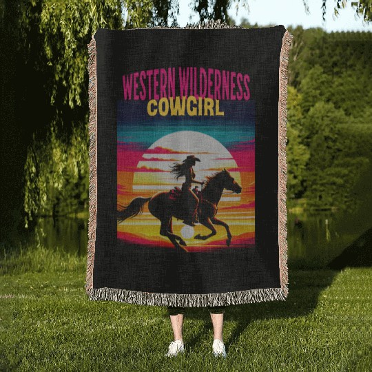 Western Wilderness Cowgirl, 80s Sunset Vibes Woven Blankets