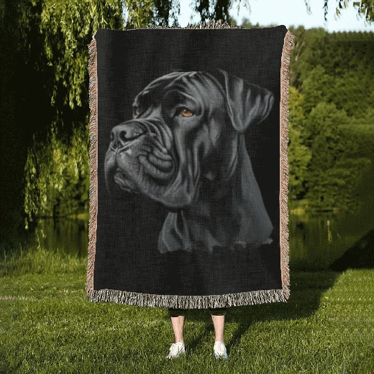 Black Cane Corso Dog Art Woven Blankets, Realistic Dog