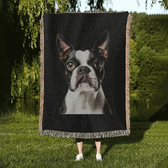 Cute Boston Terrier Dog Face, Adorable Pet Lover Woven Blankets