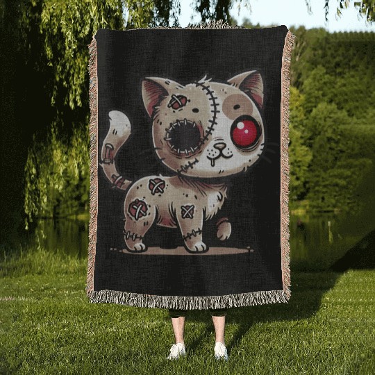scary zombie kawaii cat for halloween fun Woven Blankets