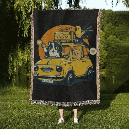 Road Trip by Car : Life's Better with Cat Friends Woven Blankets