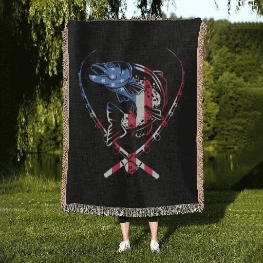 4th Of July US Flag Fishing Fisherman Trout Fish Woven Blankets
