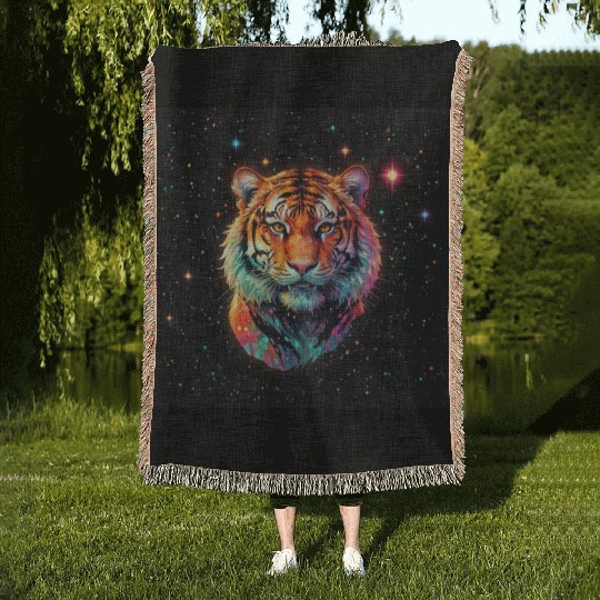 Tiger watching from the stars Woven Blankets