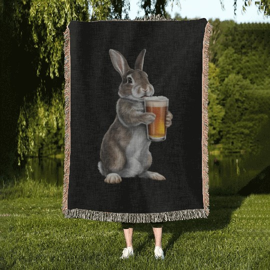 Rabbit Drinking Beer Realistic Woven Blankets