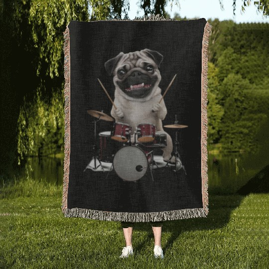 Pug Playing Drums Realistic Woven Blankets