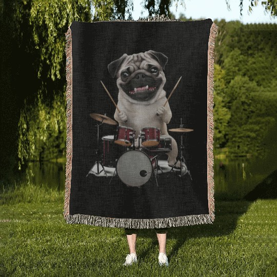 Pug Playing Drums Realistic Woven Blankets