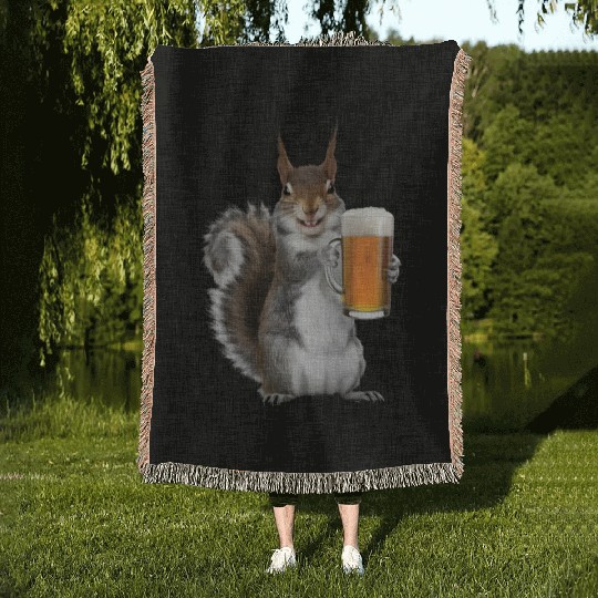 Squirrel Drinking Beer Realistic Woven Blankets
