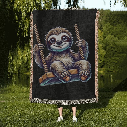 Cute sloth swing cartoon playground animal Woven Blankets