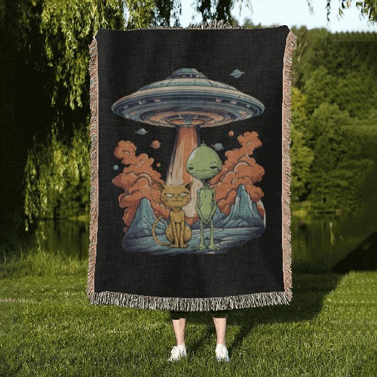 Cat Ufo Meme Funny Surprised Scared Cat Selfie Woven Blankets