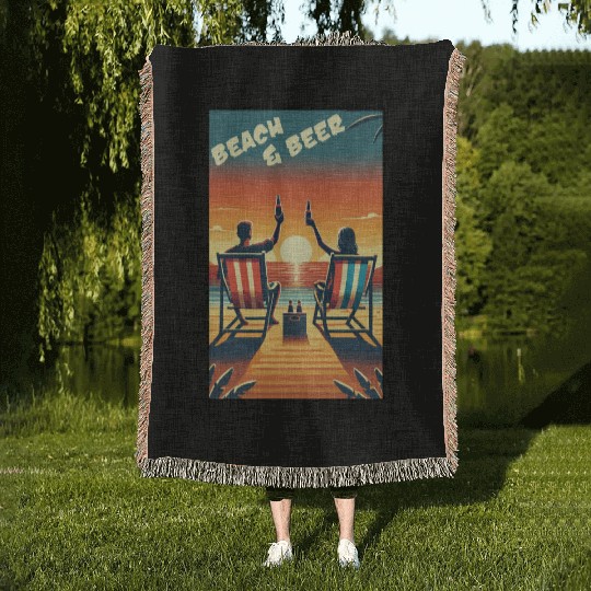 Relaxing Beach & Beer Sunset Design for Summer Fun Woven Blankets