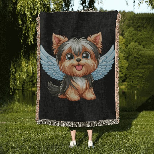 Cute Yorkshire Terrier with angel wings Woven Blankets