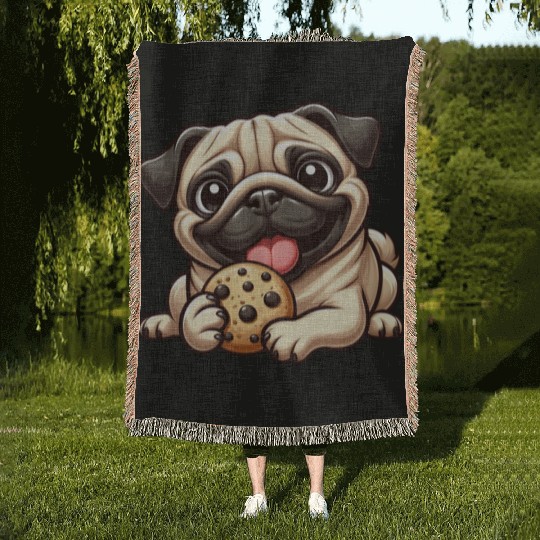 Cute pug cookie cartoon dessert sweet treat Woven Blankets