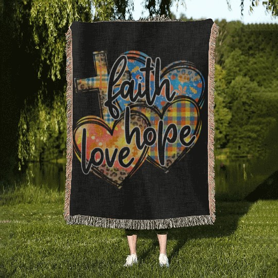 Faith Hope Love Hearts Cross Religion Woven Blankets
