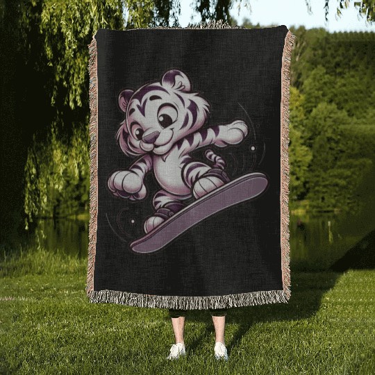 Cute Snowboarder Tiger Woven Blankets