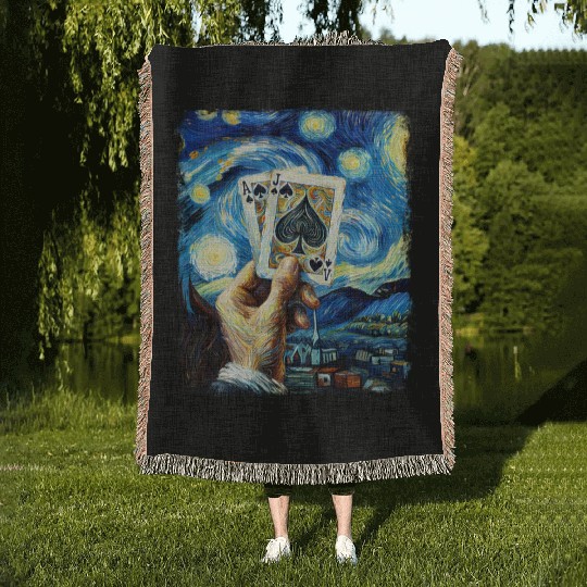Blackjack Gambling Cards Starry Night Painting Woven Blankets