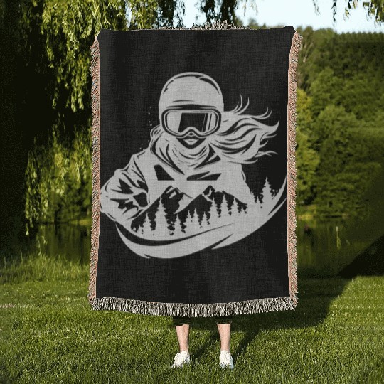 Snowboarding Girl Sketch Woven Blankets