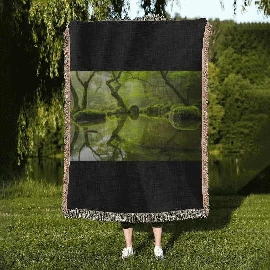 Enchanted Forest Reflections in Tranquil Pond Woven Blankets