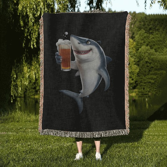 Shark Drinking Beer Realistic Woven Blankets