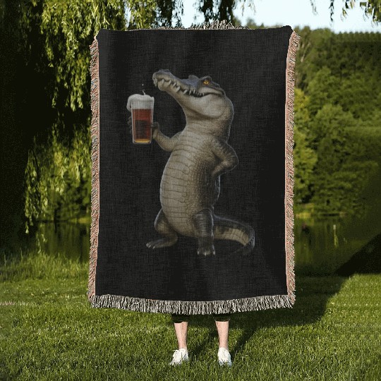 Crocodile Drinking Beer Realistic Woven Blankets