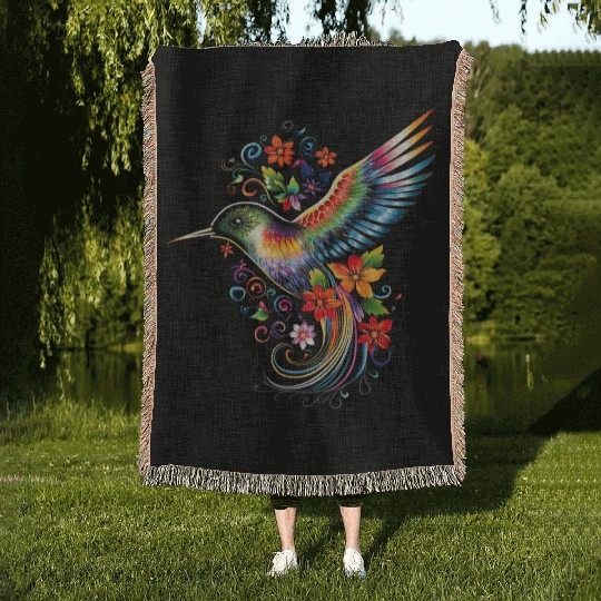 Hummingbird Flowers Colorful Hummindgbird Woven Blankets