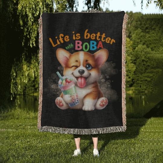 Corgi with BOBA tea Milk TEA Bubble tea Woven Blankets