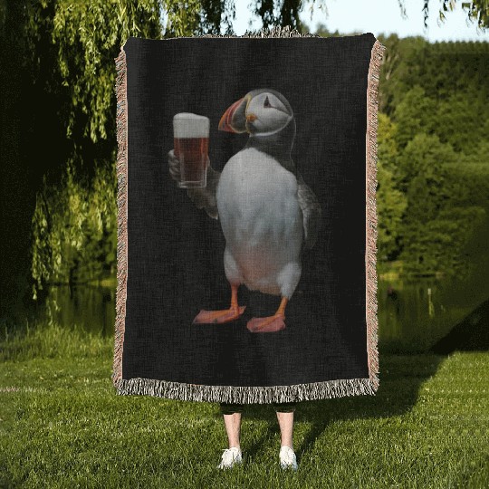 Atlantic Puffin Drinking Beer Realistic Woven Blankets