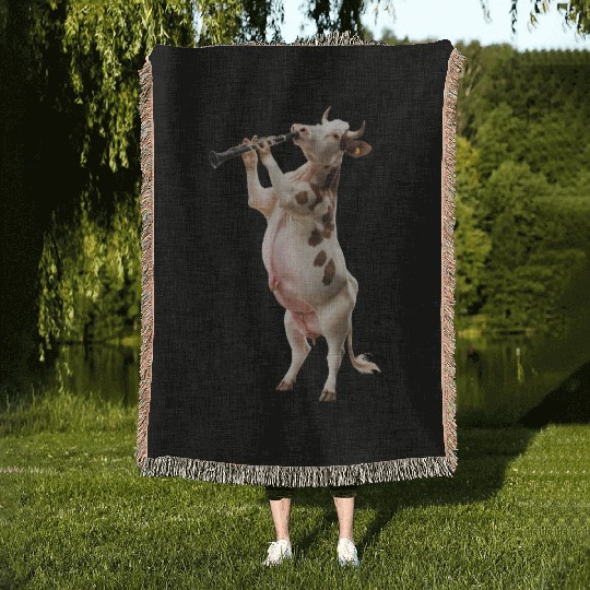 Cow Playing Clarinet Realistic Woven Blankets