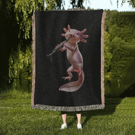 Axolotl Playing Clarinet Realistic Woven Blankets
