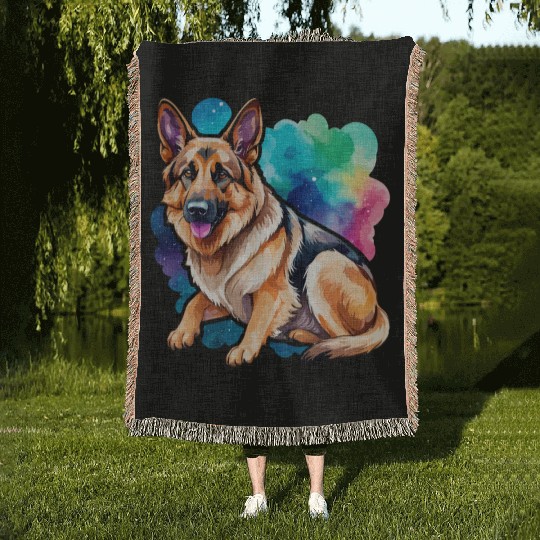 German Shepherd Watercolor Woven Blankets