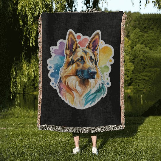 German Shepherd Watercolor Woven Blankets