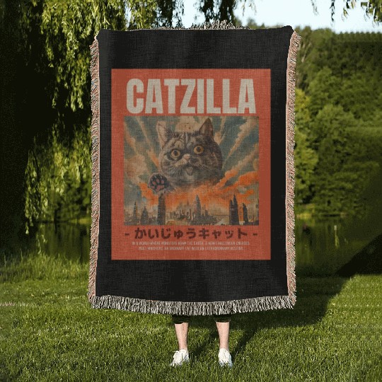 Catzilla Vintage Japanese Funny Angry Cat Woven Blankets